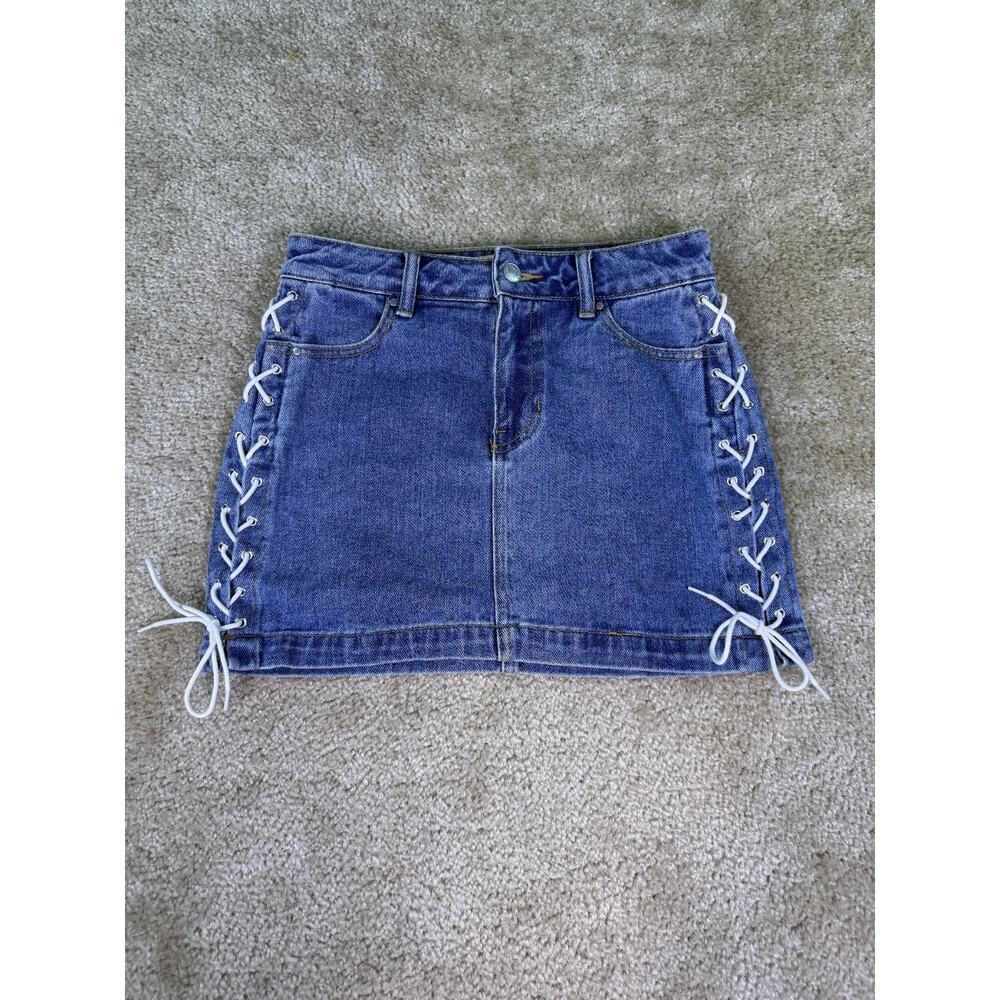 Pacsun Womens Denim Skirt Size 24 Waist Lace Up Sided Mini Blue Jean 26x13 D024